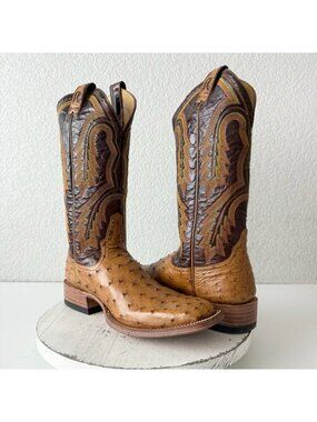 Rod Patrick Mens Cowboy Boots 10.5AAA Brown Full Quill Ostrich Square Toe 13"